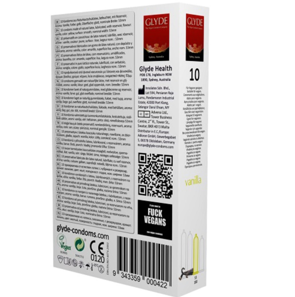 Glyde Ultra Vanilla Flavour Vegan Condoms 10 Pack
